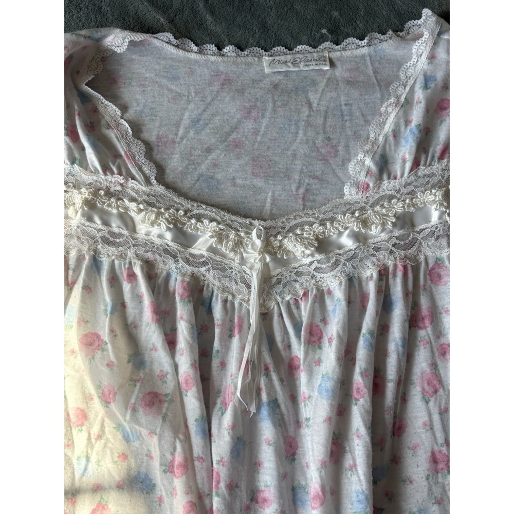 Vintage Miss Elaine Nightgown Floral Lace Cotton Balloon‎ Sleeve Large Flawed - Picture 9 of 12